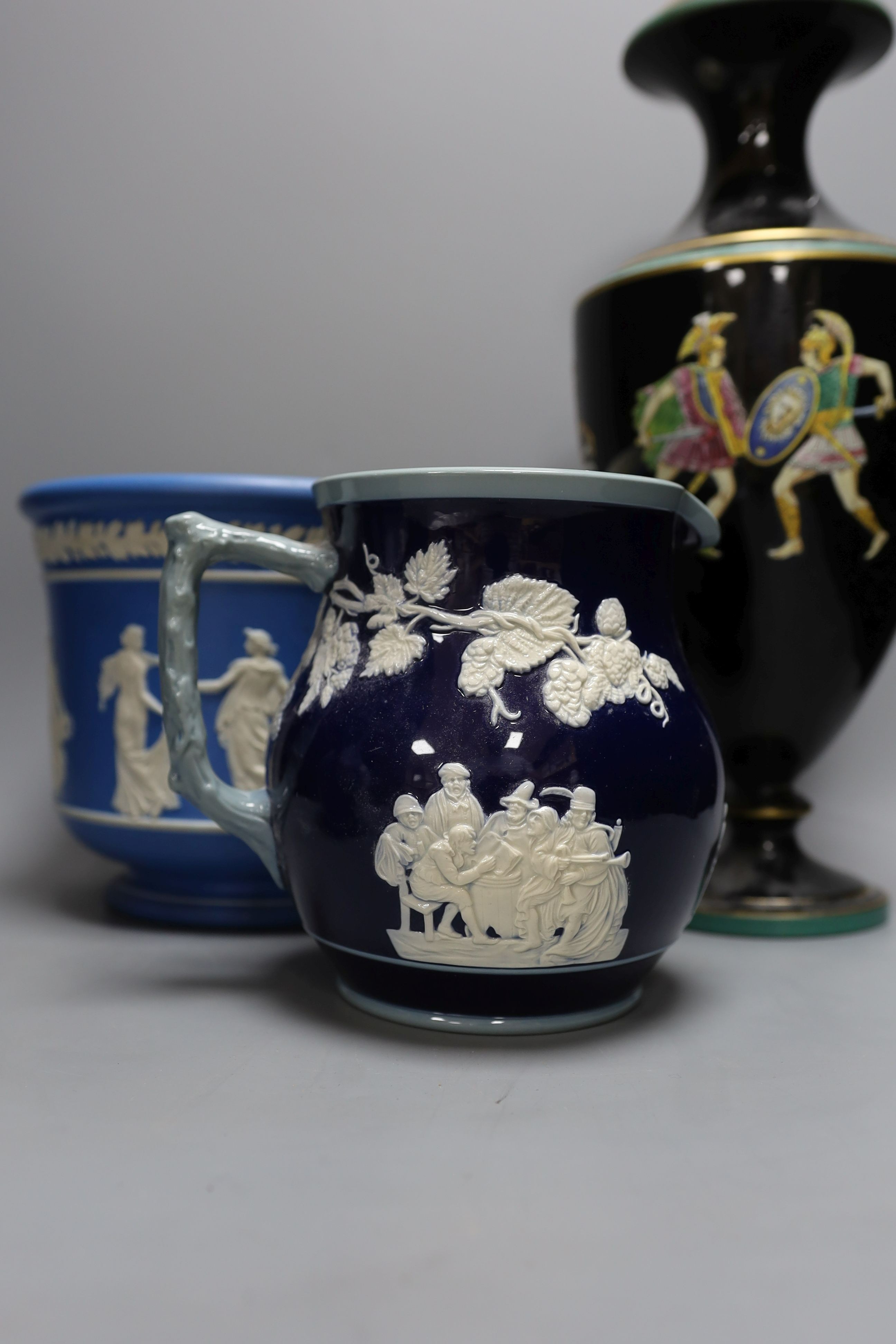 A jasper ware Portland style vase, together with a Jasperware jardiniere and vase, and a Spode jug - tallest 37.5cm (4)